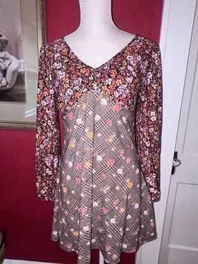 Floral Patchwork V-Neck Long Sleeve Women's Dress - Brown & Pink size medium